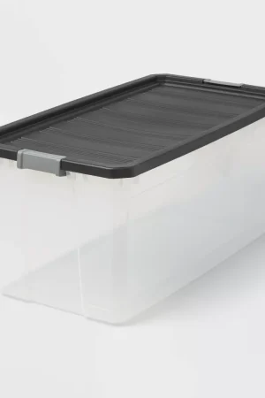 200qt Heavy Duty Latching Clear Storage Box: Portable Black Utility Bin with Lid, 200qt Capacity